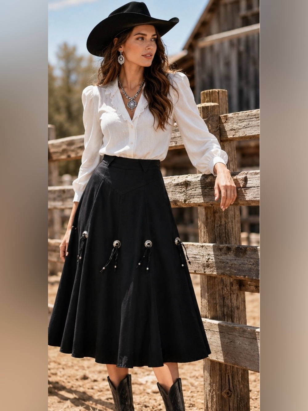 Vintage Circle T by Marilyn Lenox Black Western Prairie Midi Skirt Tassels
